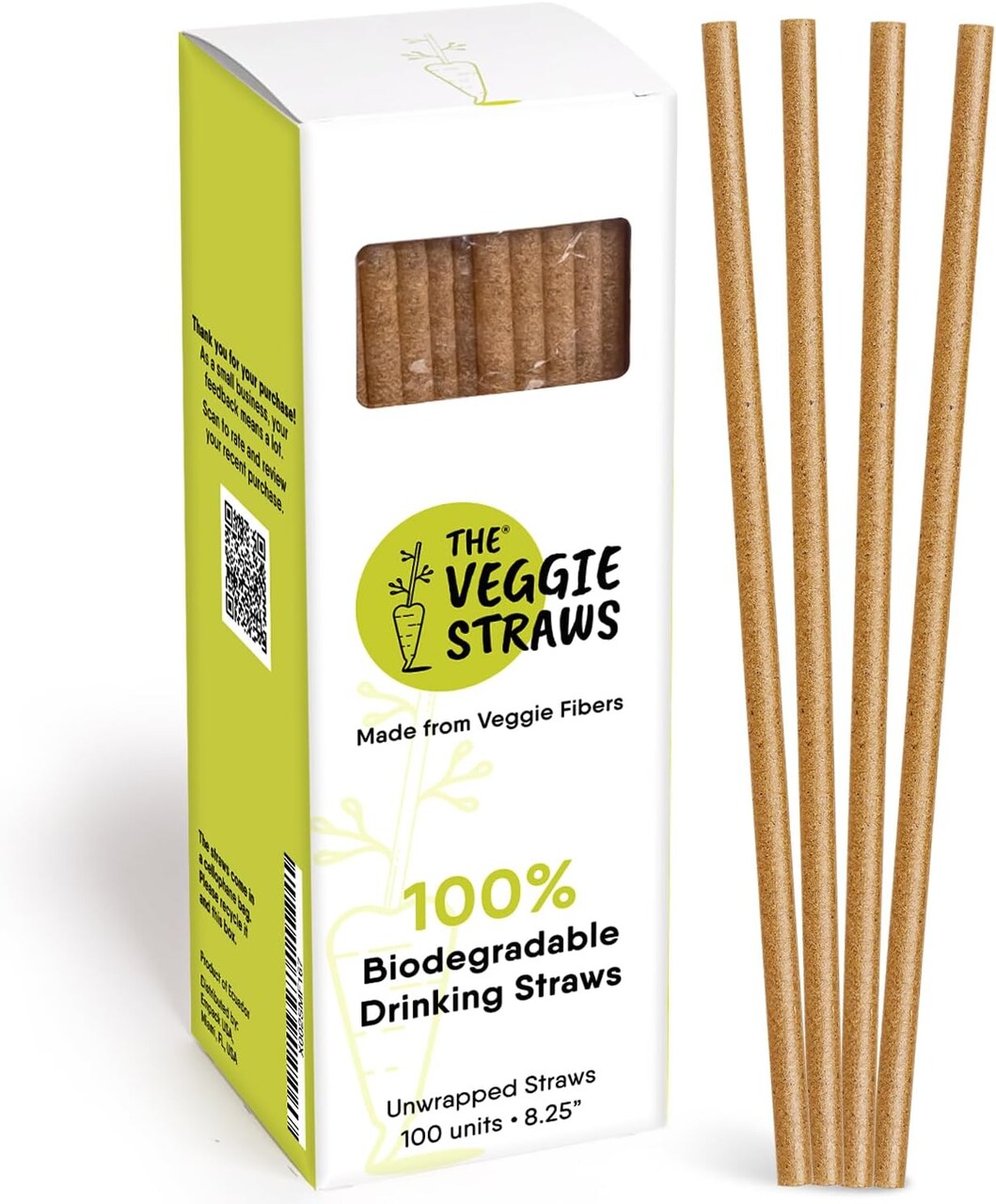 100 PCS of 8.25 Inches Unwrapped Biodegradable Straws – Made of Vegetable Fibers, Best Environment Friendly Drinking Straws for Hot and Cold Beverages
